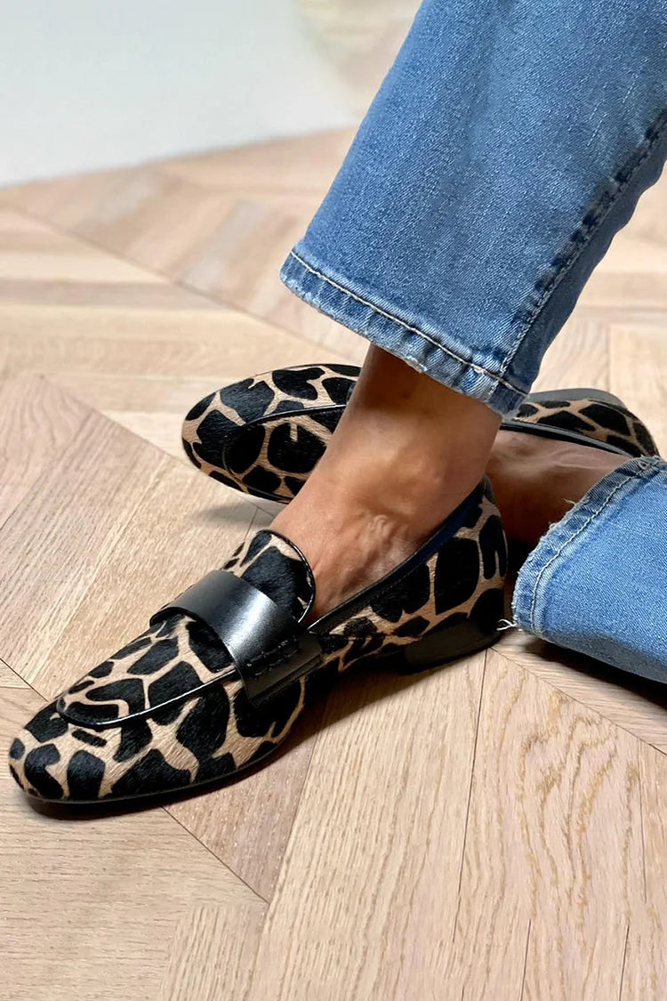Mocassins à enfiler à bout rond, color block et imprimé vache