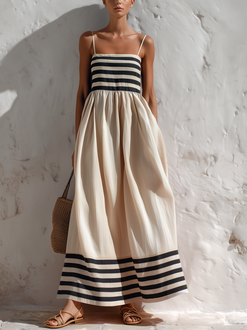 Ortensia - Robe longue à rayures noires et beiges à fines bretelles