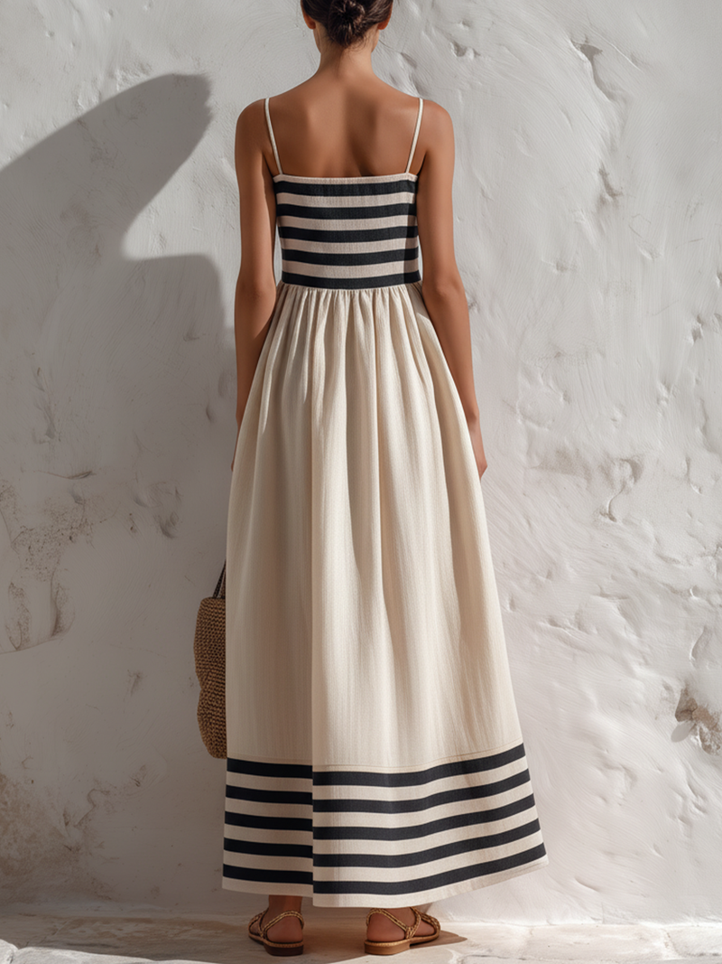 Ortensia - Robe longue à rayures noires et beiges à fines bretelles