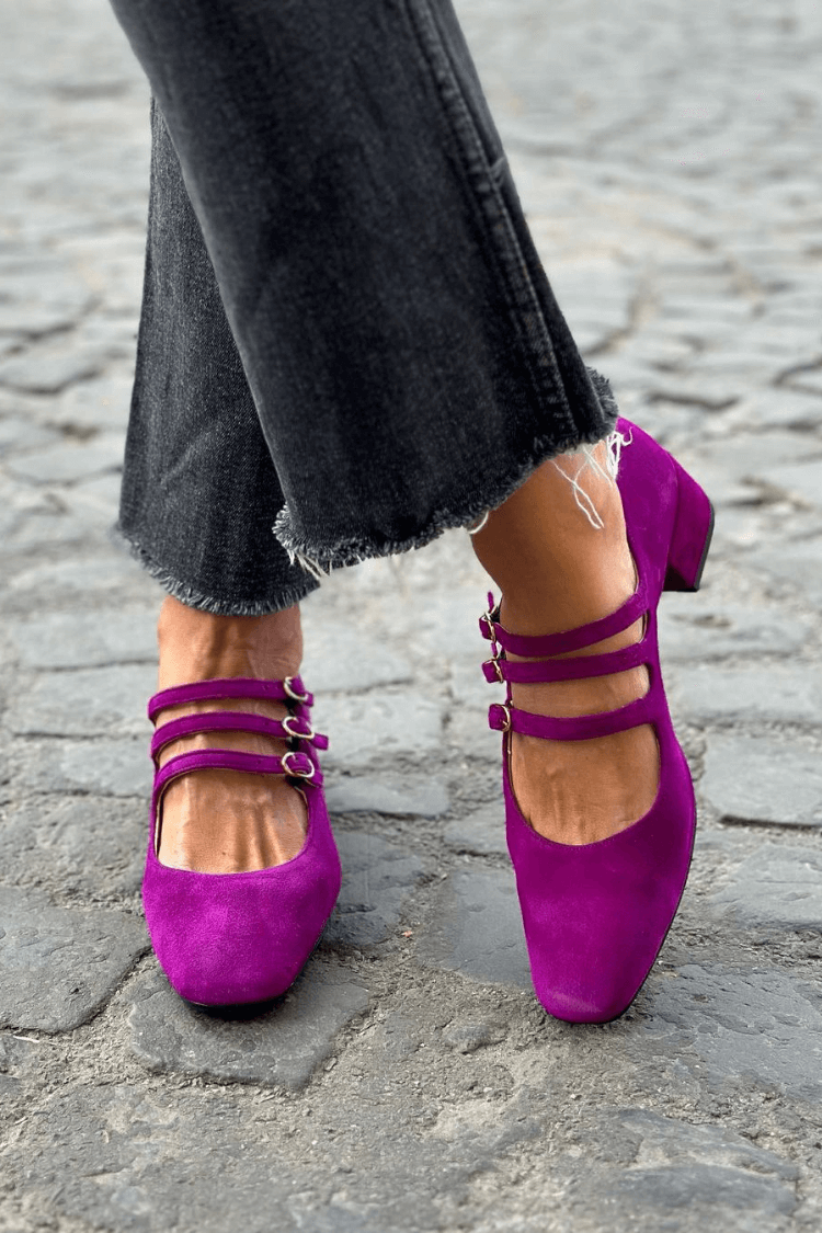 Escarpins à talon bloc violets à boucles et bout carré multi-brides (2 coloris)