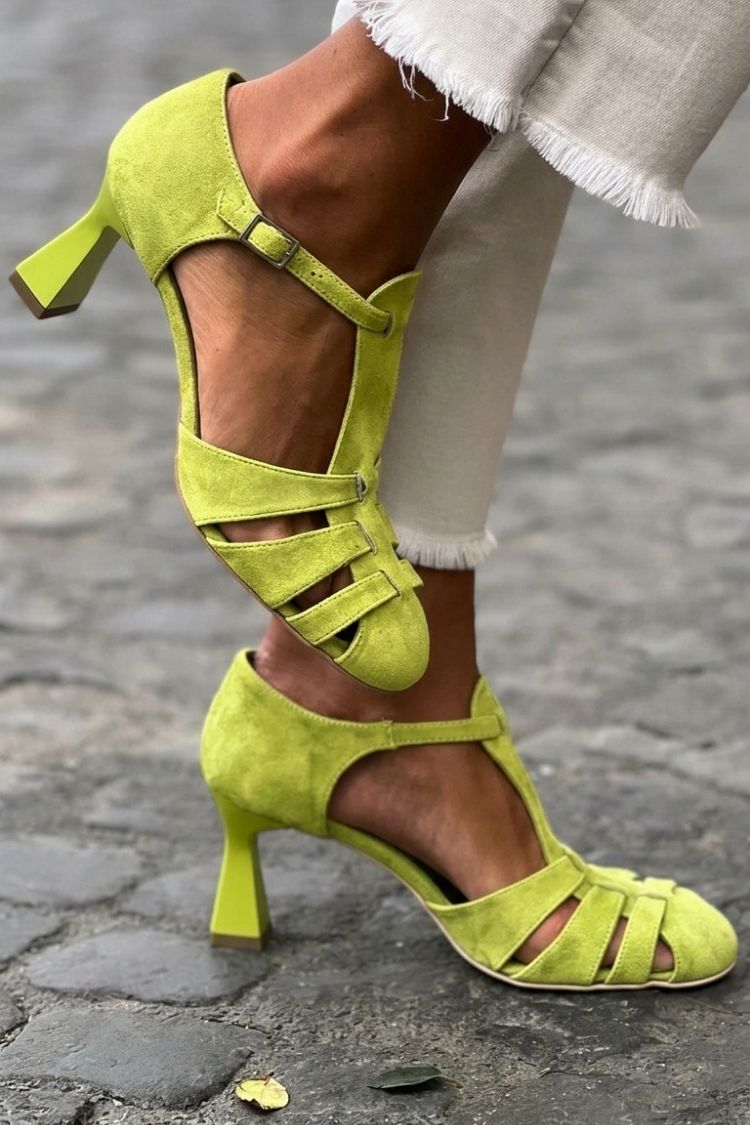 Sandales à talon cut-out crochet Vert à bout fermé