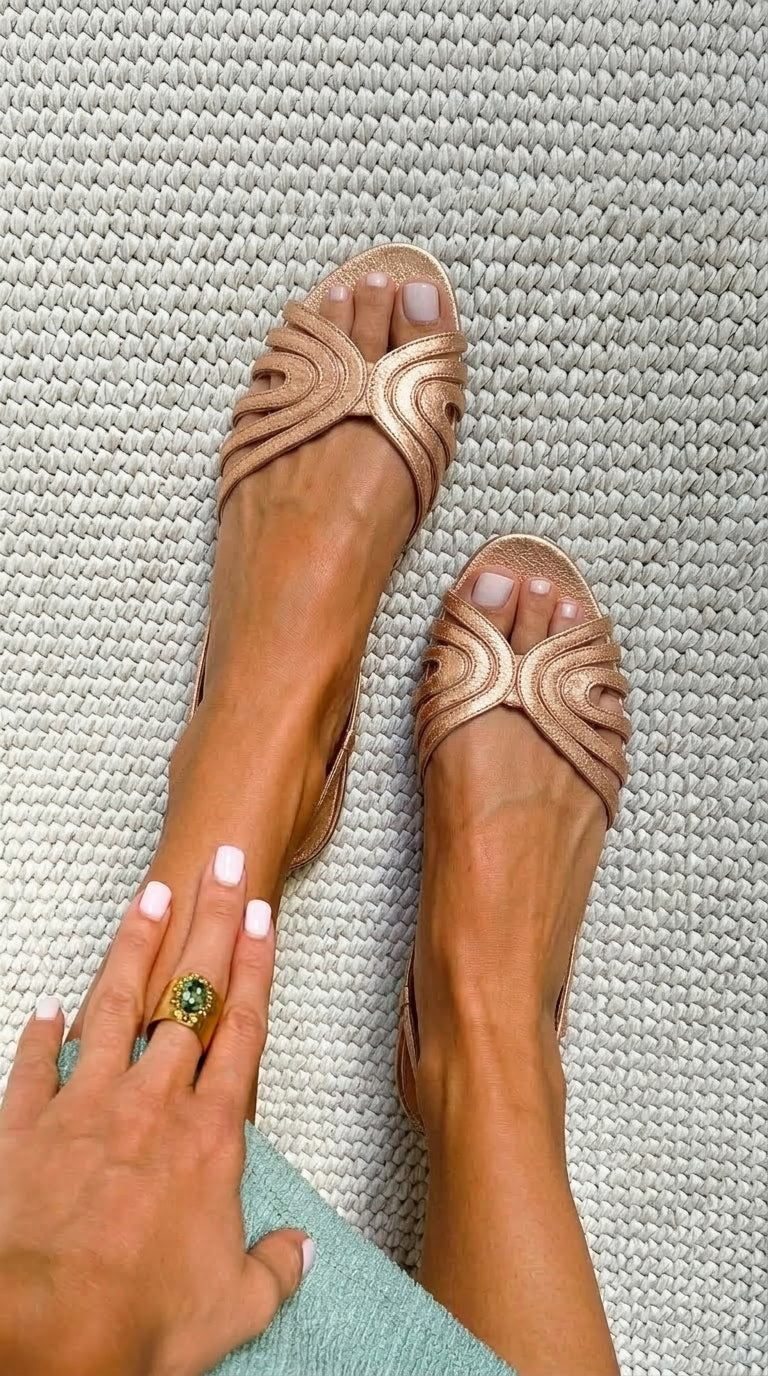 Ballerines slingback ondulées métallisées or rose à brides et bout ouvert
