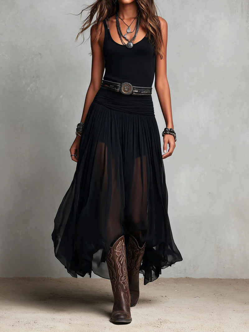 Thaïs | Robe maxi noire sans manches avec jupe en tulle (avec ceinture)