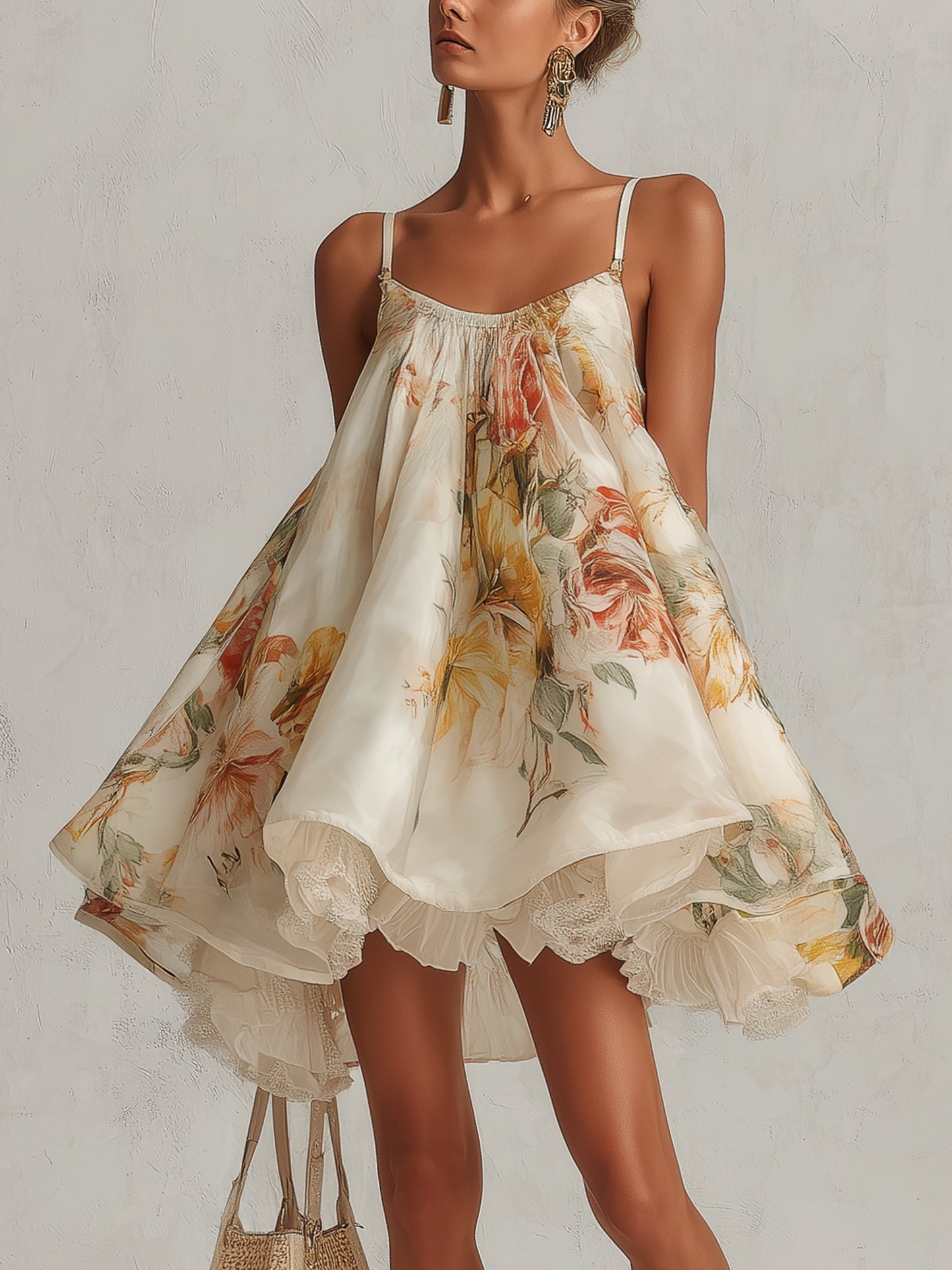 Liliana - Robe courte trapèze en organza beige à motif floral et bord en dentelle