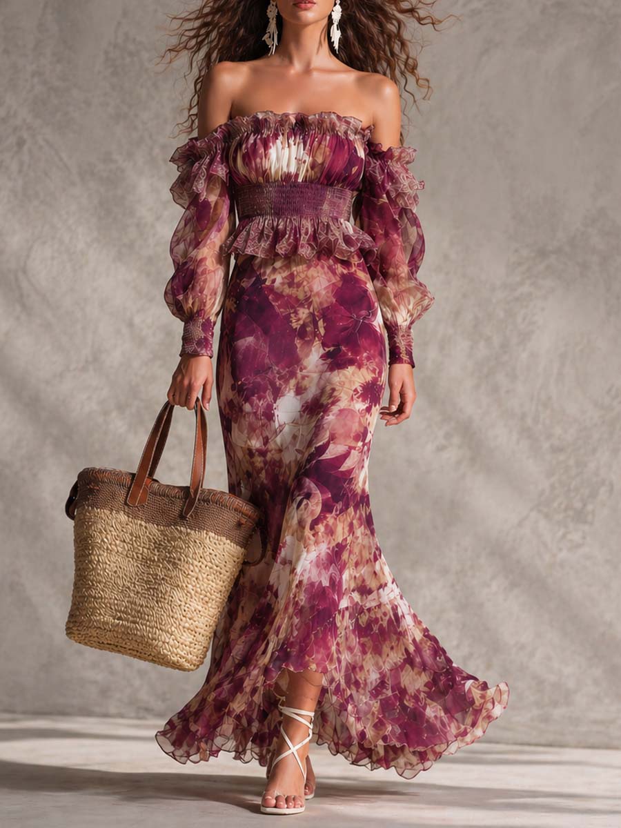 Françoise | Robe maxi en mousseline rose à imprimé floral et épaules dénudées