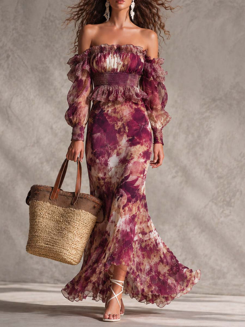 Françoise | Robe maxi en mousseline rose à imprimé floral et épaules dénudées