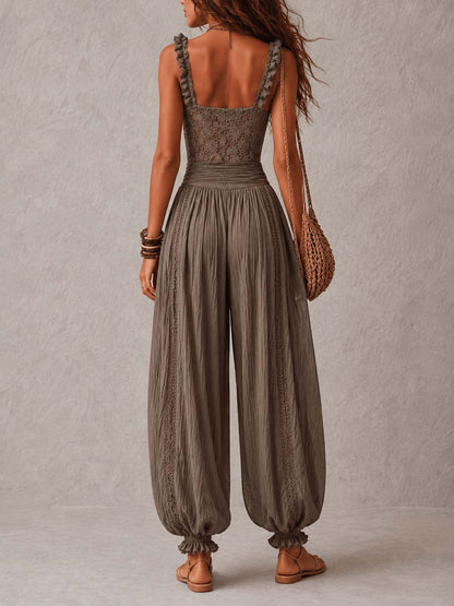 Wanda · Ensemble bandeau en dentelle grise et pantalon sarouel en coton plissé