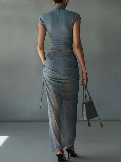 Jacqueline | Ensemble t-shirt court bleu et jupe drapée en tulle transparent