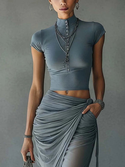 Jacqueline | Ensemble t-shirt court bleu et jupe drapée en tulle transparent