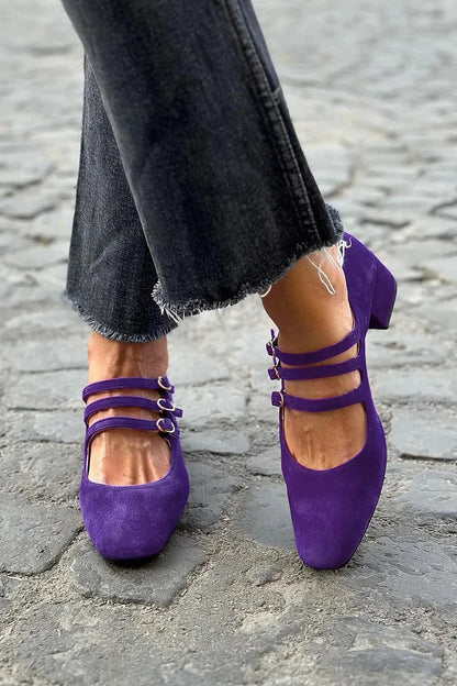 Escarpins à talon bloc violets à boucles et bout carré multi-brides (2 coloris)