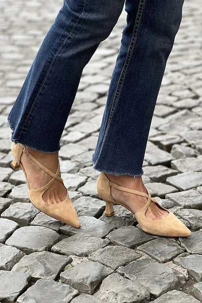 Escarpins à petit talon kaki, bout fin, boucle à bride croisée, uni