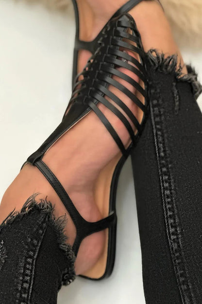 Sandales noires décontractées à bride en T, bout pointu et découpes