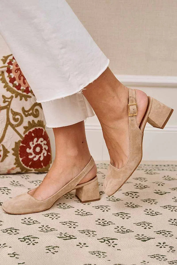 Escarpins à talon bloc kaki à boucle, bride slingback et bout carré uni