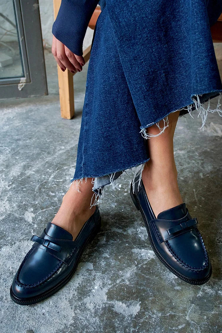 Mocassins bleu marine à bout rond, patchwork et nœud décoratif uni