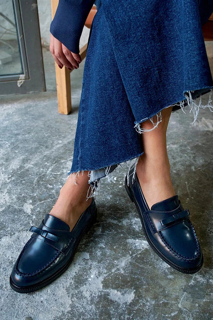 Mocassins bleu marine à bout rond, patchwork et nœud décoratif uni