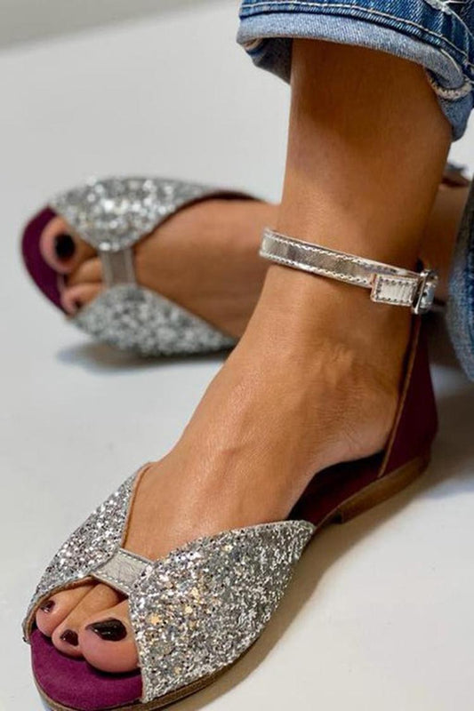 Sandales argentées à talon, bout ouvert, paillettes et boucle cheville