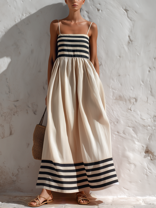 Ortensia - Robe longue à rayures noires et beiges à fines bretelles