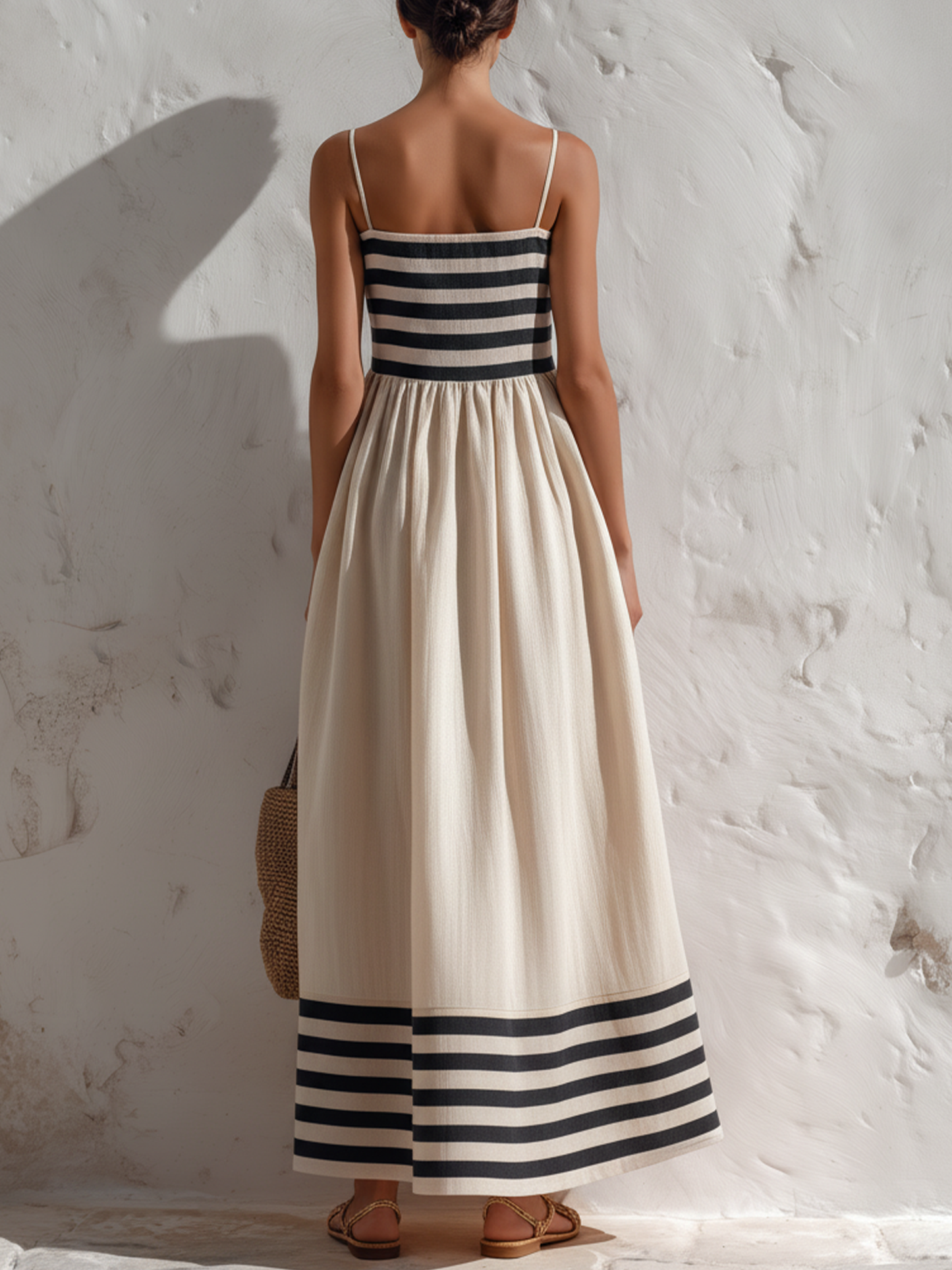 Ortensia - Robe longue à rayures noires et beiges à fines bretelles