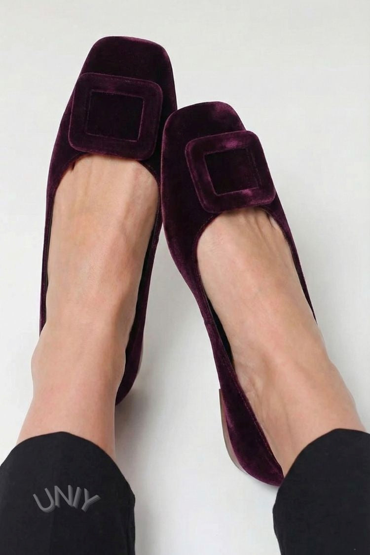 Ballerines souples en velours à boucle carrée et bout carré