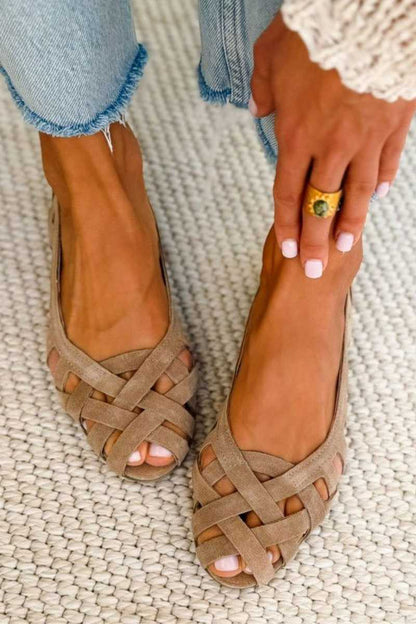 Sandales plates décontractées peep toe tressées entrecroisées