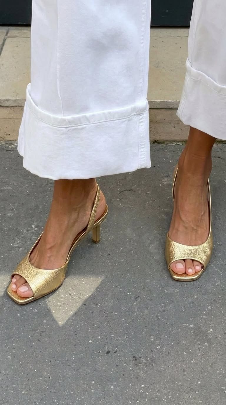 Escarpins kitten heel à bride arrière, bout ouvert et finition métallisée dorée