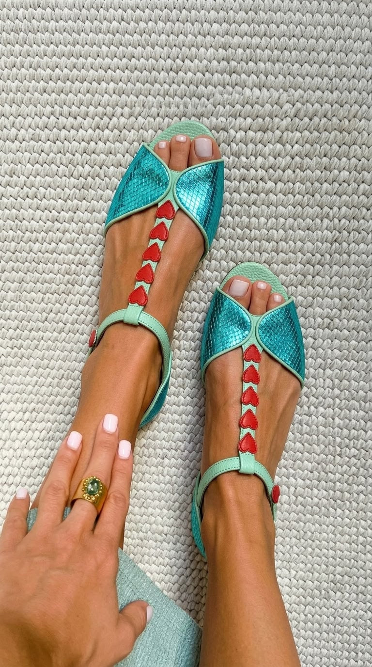 Sandales plates turquoise à bride en T, bout ouvert et cœur rouge