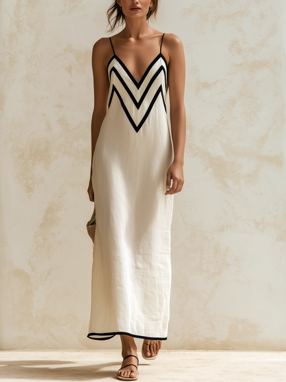 Simona - Robe longue en lin style nuisette à bords contrastants à motif chevron