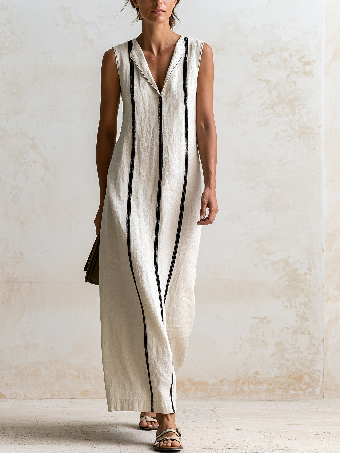 Debora - Robe midi en lin sans manches à revers et bande verticale contrastante