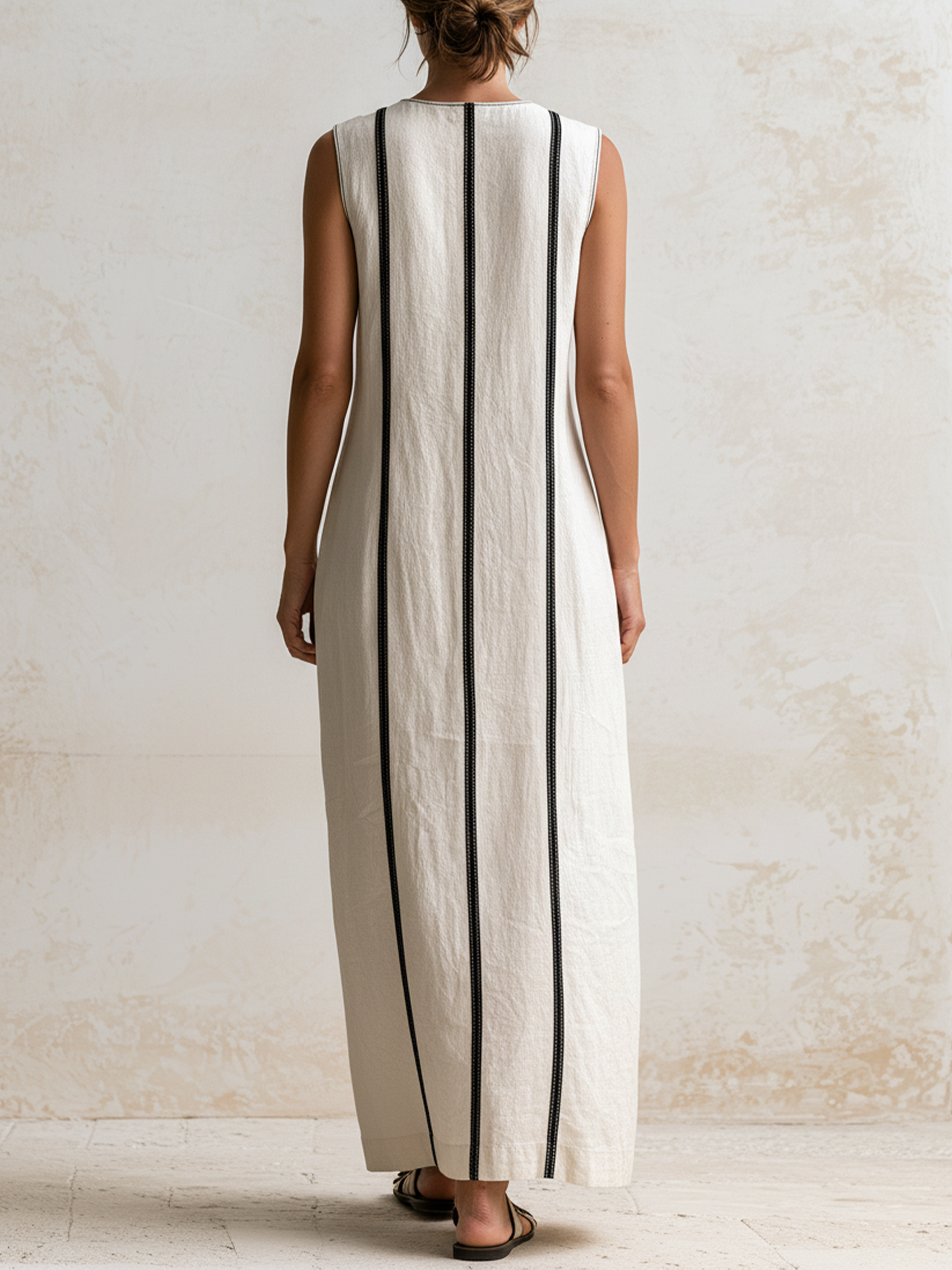Debora - Robe midi en lin sans manches à revers et bande verticale contrastante