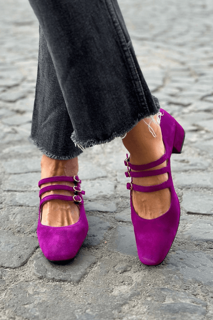 Escarpins à talon bloc violets à boucles et bout carré multi-brides (2 coloris)