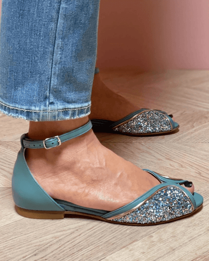 Sandales à boucle cheville, bout ouvert, patchwork et paillettes