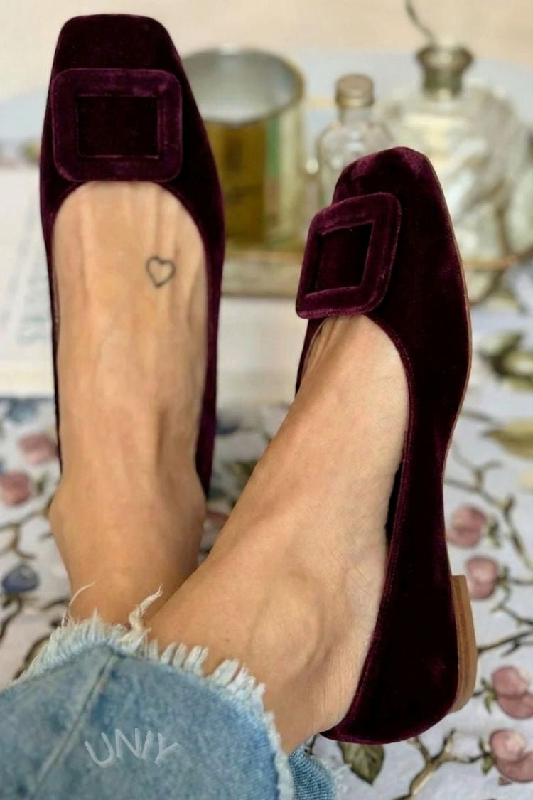 Ballerines souples en velours à boucle carrée et bout carré