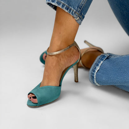 Roksana™ — Sandale talon aiguille bicolore turquoise doré élégance vibrante