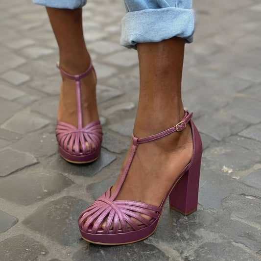 Sandales Violet à bout rond avec bride en T, plateforme et talon bloc large