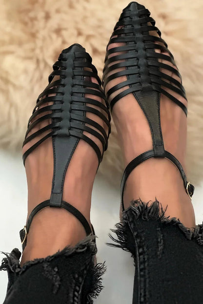 Sandales noires décontractées à bride en T, bout pointu et découpes