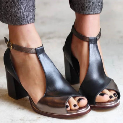 Escarpins à talon large peep toe patchwork Noir avec bride cheville