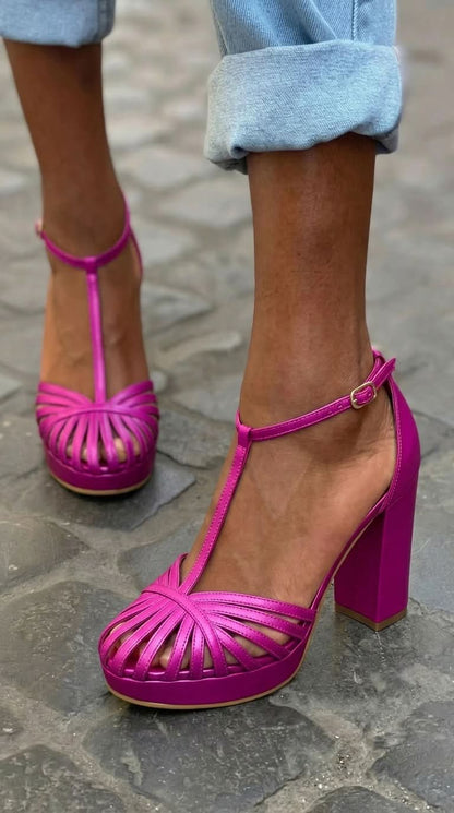 Sandales violettes à plateforme, talon bloc, bout rond et bride en T
