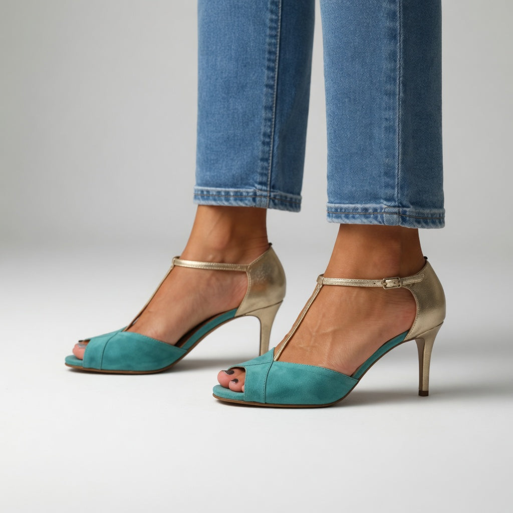 Roksana™ — Sandale talon aiguille bicolore turquoise doré élégance vibrante