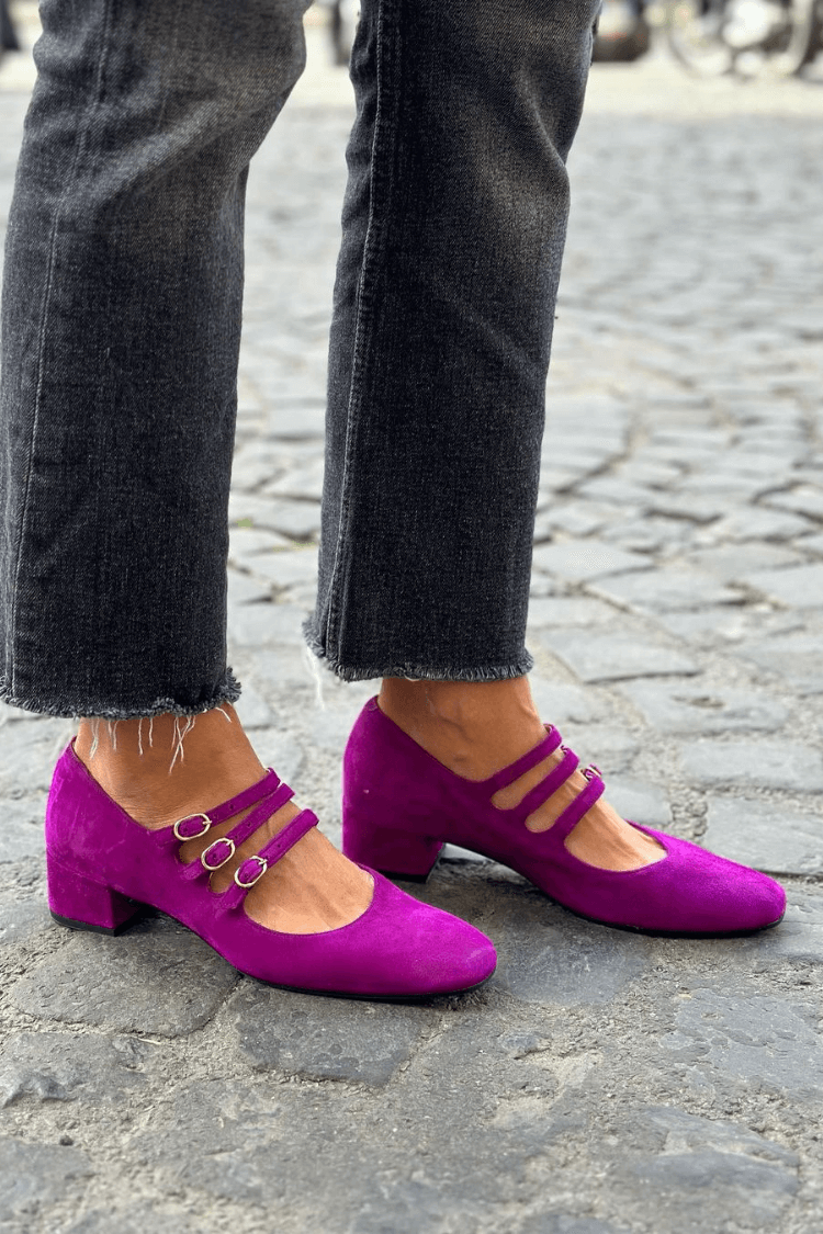 Escarpins à talon bloc violets à boucles et bout carré multi-brides (2 coloris)