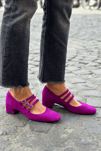 Escarpins à talon bloc violets à boucles et bout carré multi-brides (2 coloris)