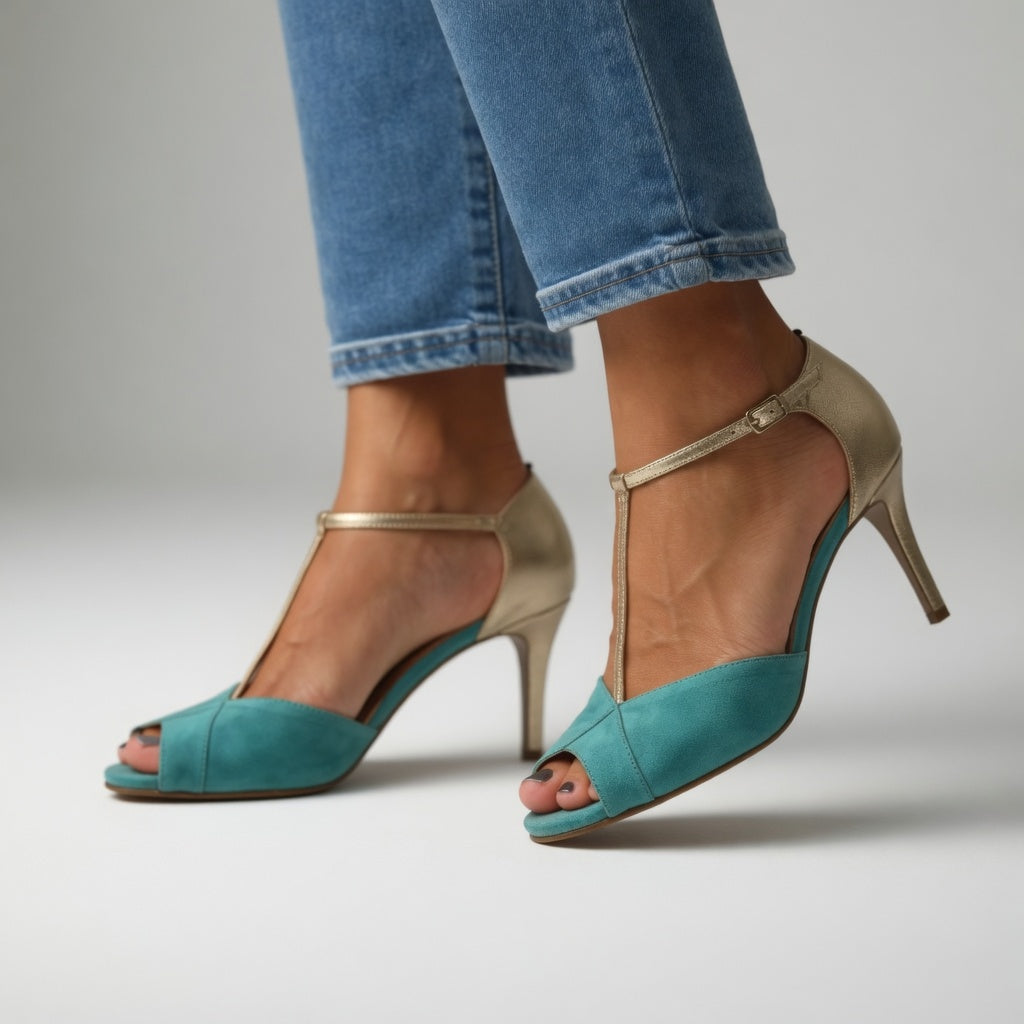 Roksana™ — Sandale talon aiguille bicolore turquoise doré élégance vibrante