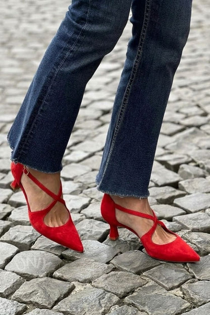 Escarpins à petit talon kaki, bout fin, boucle à bride croisée, uni