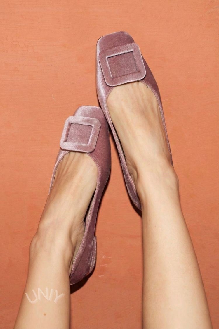 Ballerines souples en velours à boucle carrée et bout carré