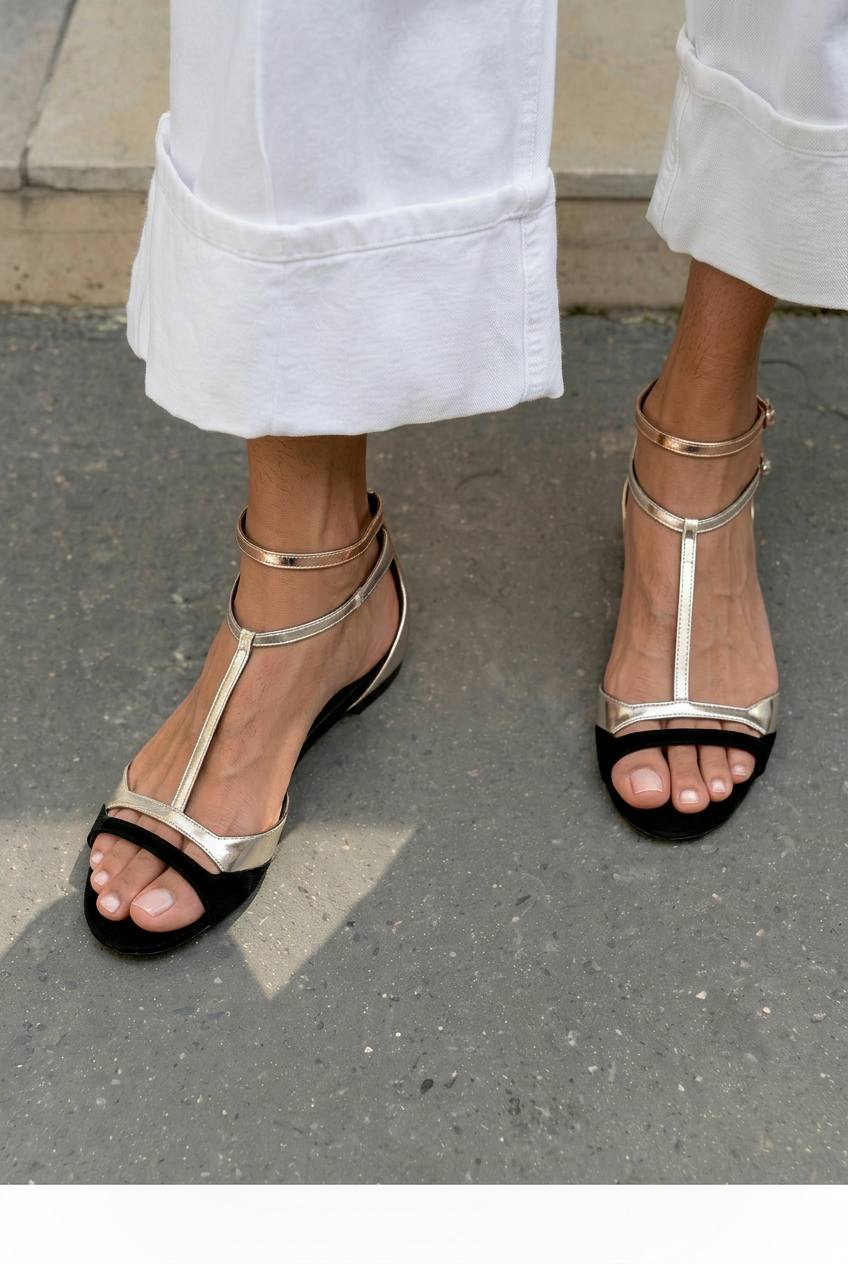 Sandales plates habillées à bride en T métallisée et bout ouvert