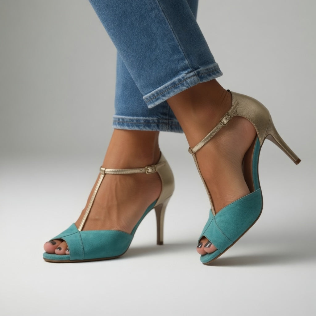 Roksana™ — Sandale talon aiguille bicolore turquoise doré élégance vibrante