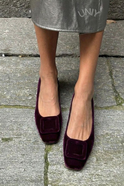 Ballerines souples en velours à boucle carrée et bout carré