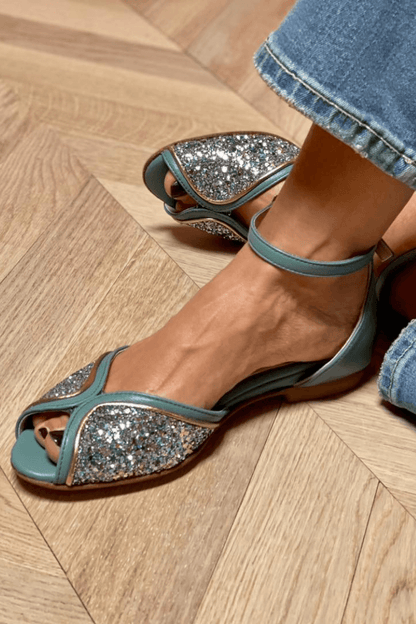 Sandales à boucle cheville, bout ouvert, patchwork et paillettes