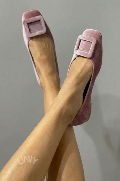 Ballerines souples en velours à boucle carrée et bout carré