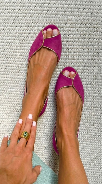 Ballerines d'Orsay peep toe en daim beige à liseré doré