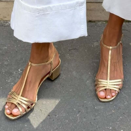 Allegra Sandales Dorées à Talon Carré